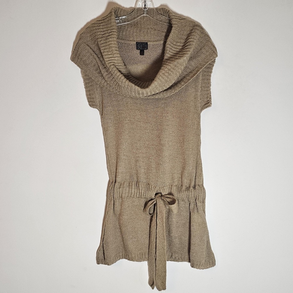 MCM Sweater Tunic Womens Medium Beige Tan Cowl‎ Neck Waist Tie Short Sleeve Y2K